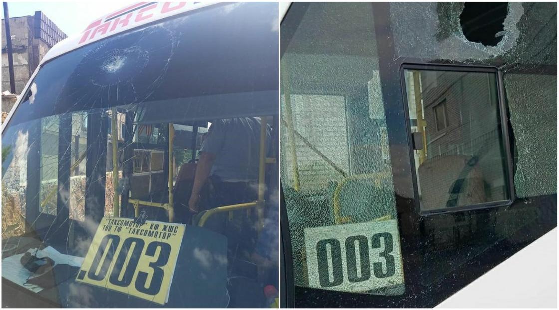 Разбитые стекла автобуса в Павлодаре