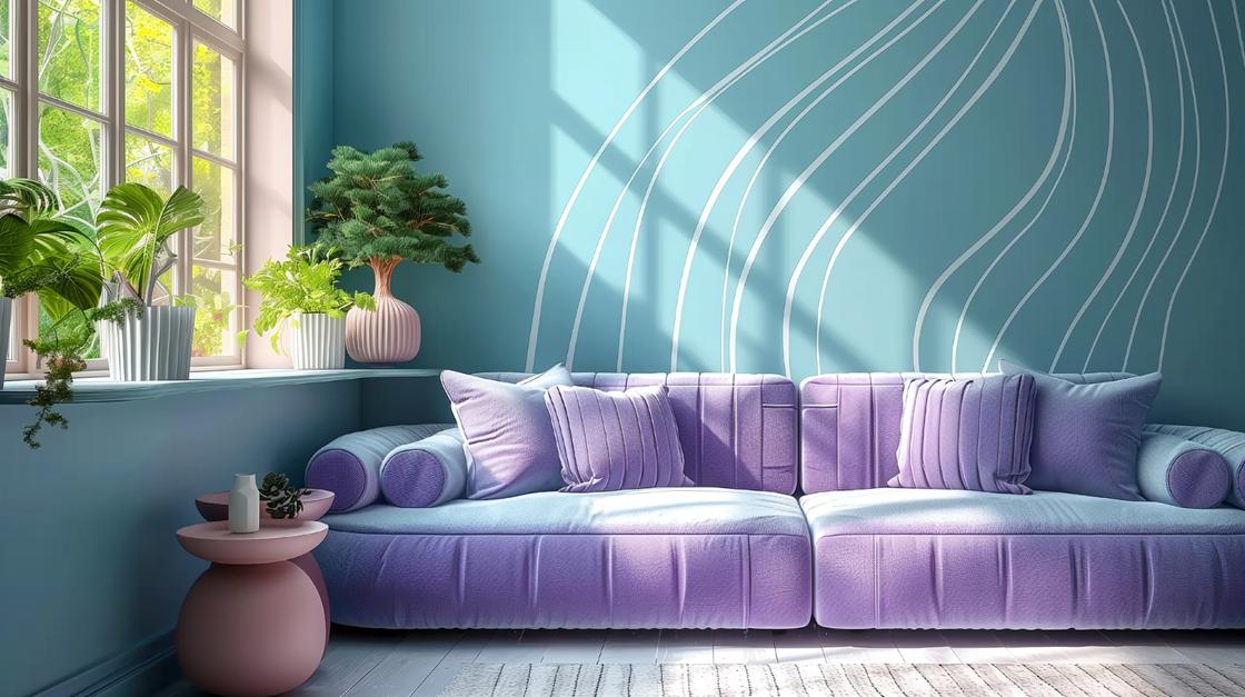 В комнате с бирюзовыми стенками лавандовый диван
