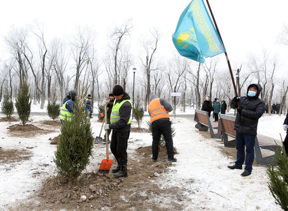 люди сажают деревья в новом парке Алматы