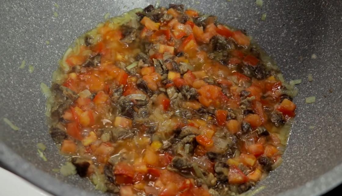нарезанное мясо с луком и помидорами на сковороде