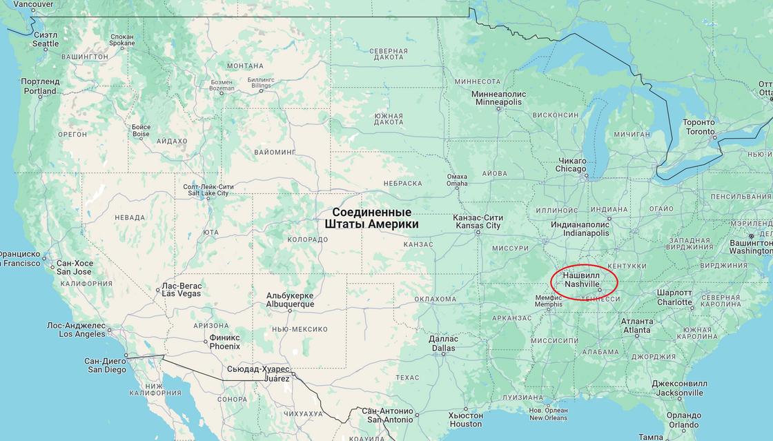 Город Нэшвилл на карте США