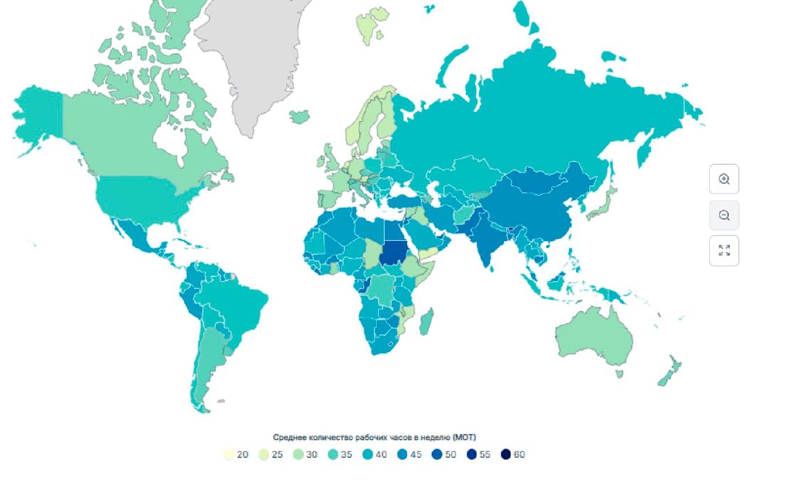 Карта стран по продолжительности рабочей недели