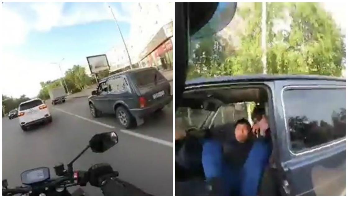 Мотоциклист и водителя внедорожника устроили драку на дороге в центре Павлодара (видео)