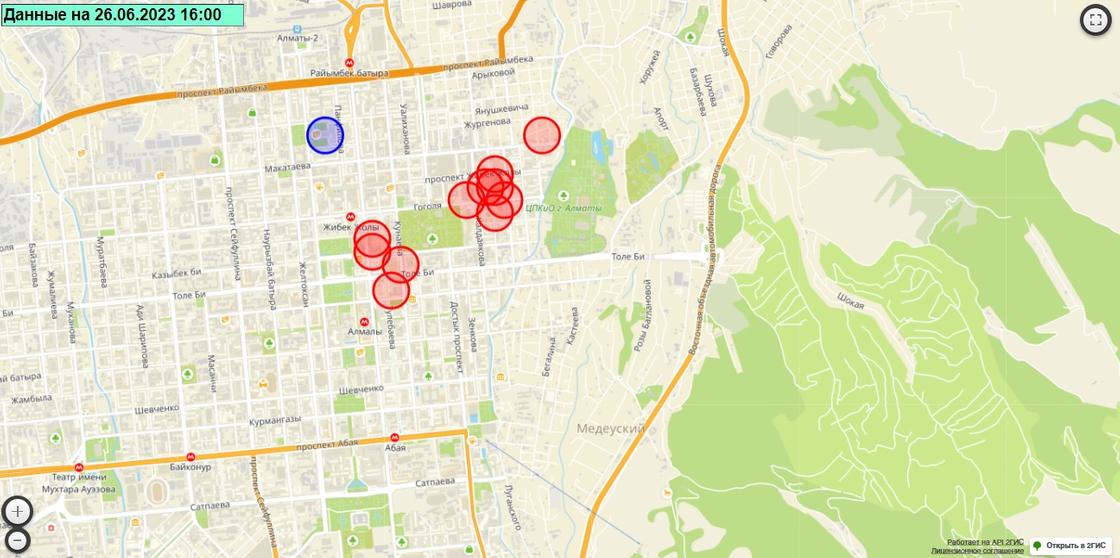Скриншот карты аварийных отключений электричества в Алматы