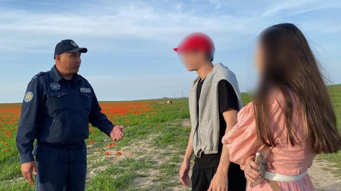 Полицейский объясняет запрет на срыв тюльпанов