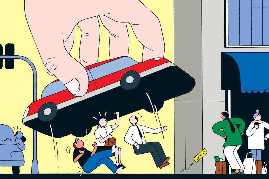Иллюстрация, на которой нарисованная рука накрывает машиной людей