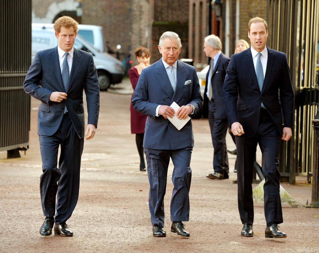 Принц Гарри, король Карл III и принц Уильям в 2014 году