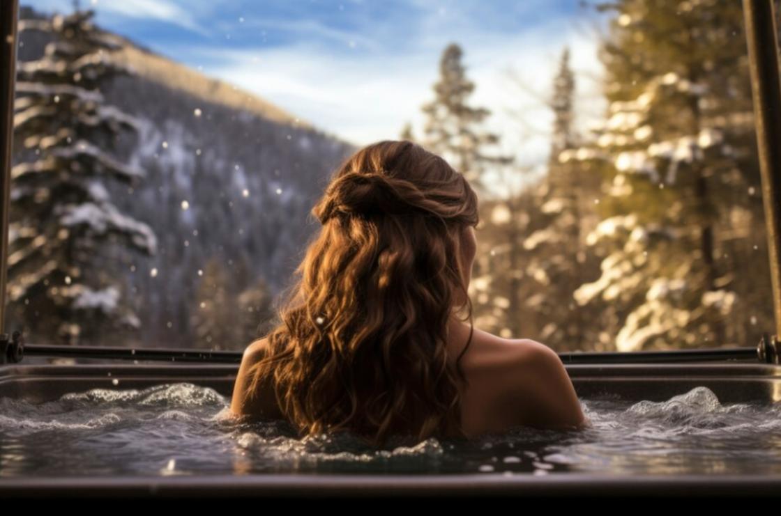 Девушка принимает ванну в купели на фоне зимнего пейзажа
