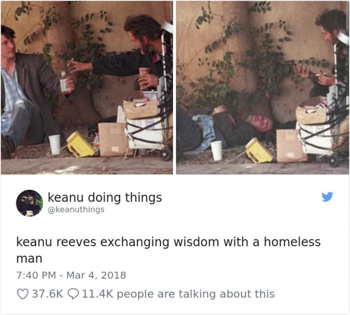 Киану Ривз беседует с бездомным. Скриншот: twitter