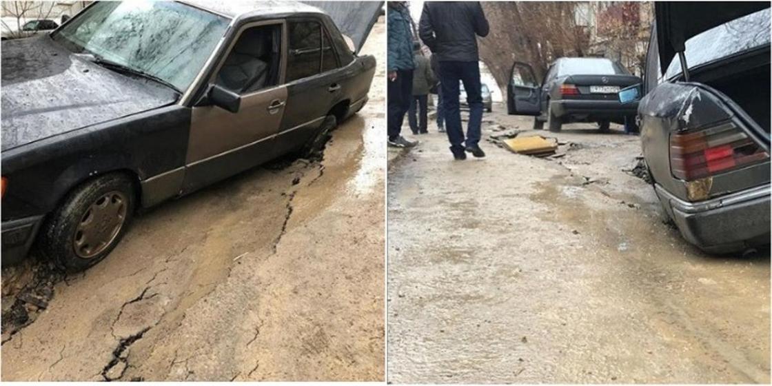 Свежеуложенный асфальт провалился вместе с авто в центре Жезказгана