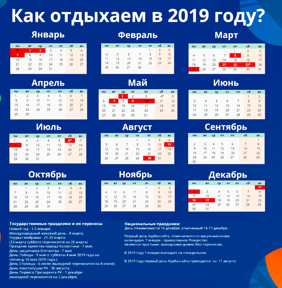 120 дней отдохнут казахстанцы в 2019 году