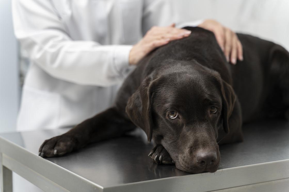 Собака с короткой черной шерстью и висячими ушами лежит на операционном столе. Его гладит человек в белом халате