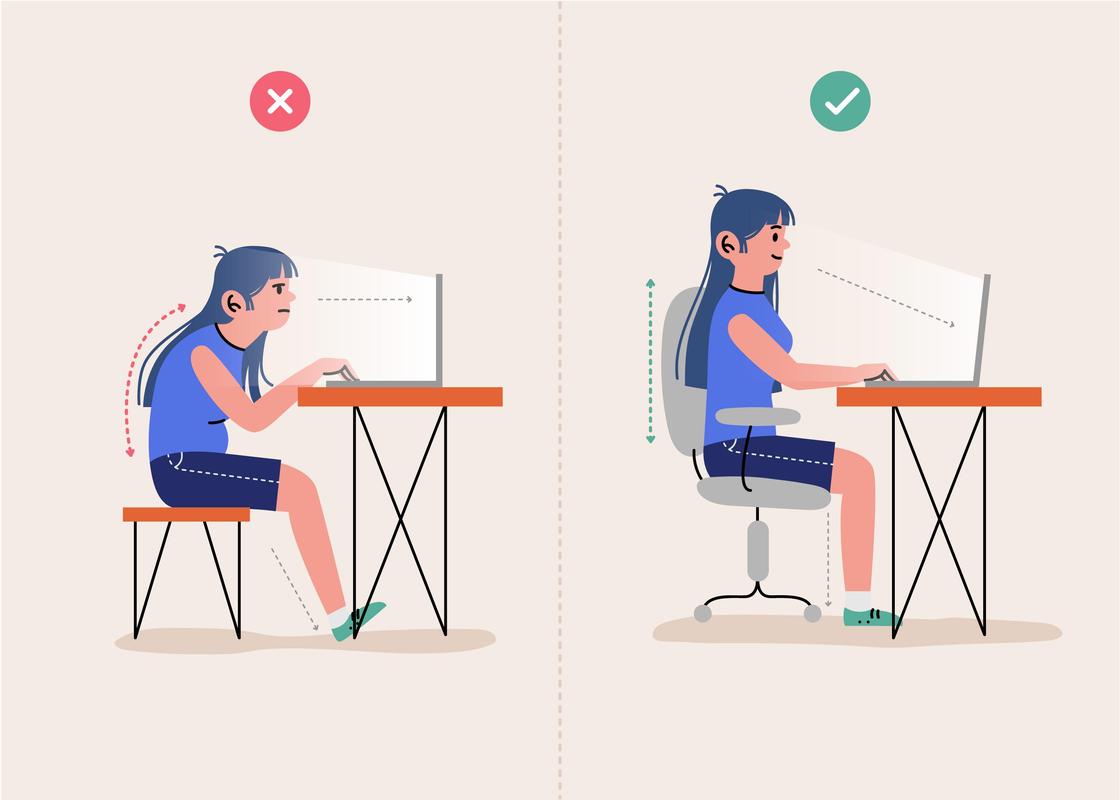 Два изображения: девушка, сидящая сгорбившись перед компьютером и девушка с правильной осанкой