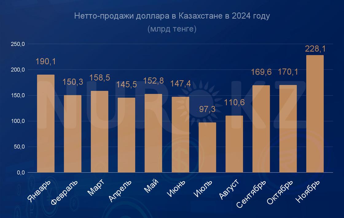 Нетто-продажи доллара в Казахстане за 11 месяцев 2024 года