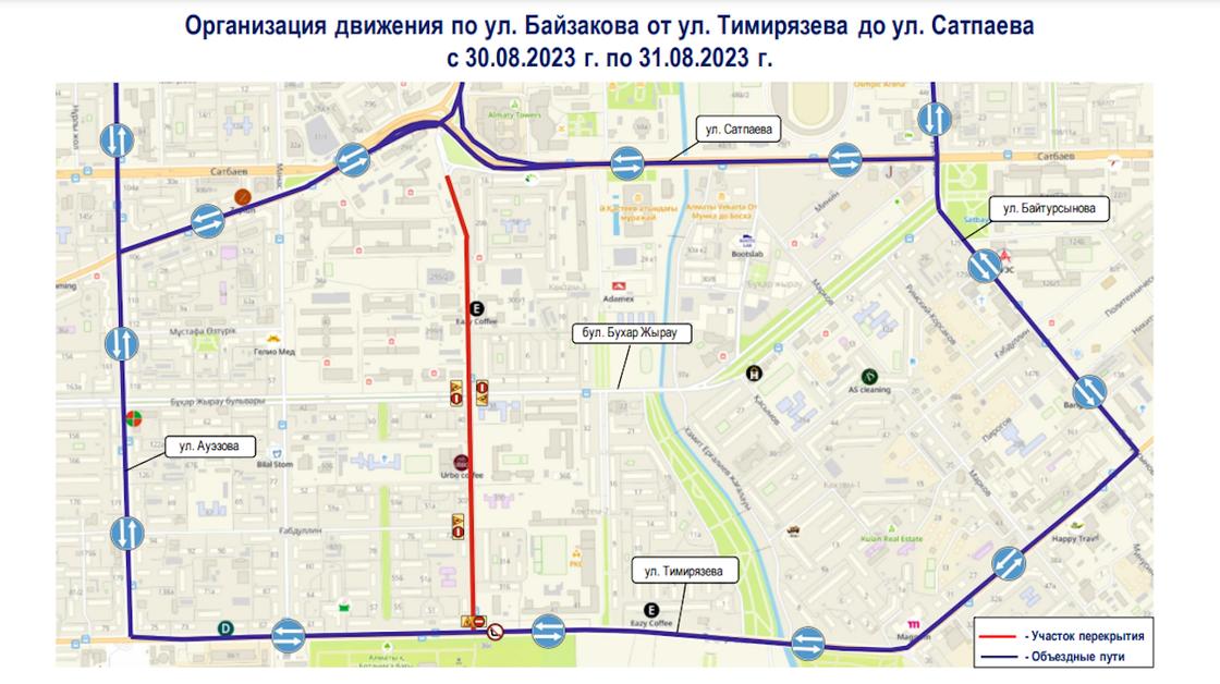 Схема движения по перекрытому участку улицы Байзакова