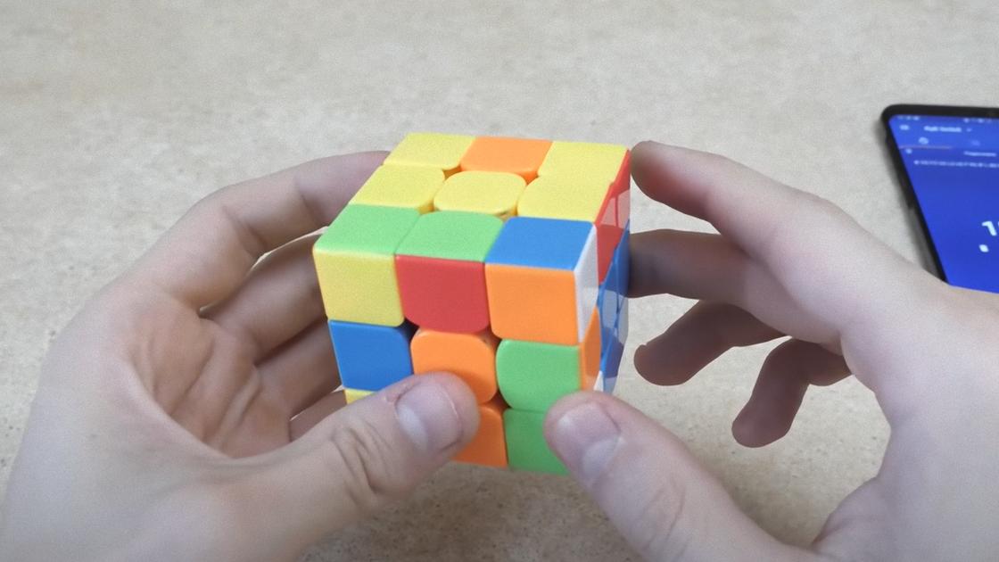 Кубик Рубика держат в руках и поворачивают синий угол на место в комбинации пиф паф