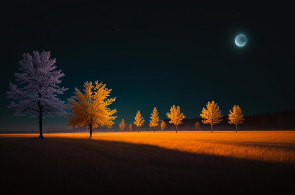 Полная Луна на фоне желтых деревьев