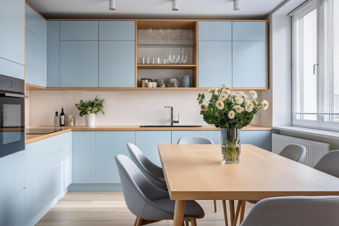 Кухня с мебелью голубого цвета и кремовыми стенами
