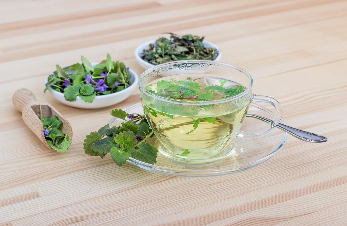 Чашка с травяным чаем и блюдца с травами