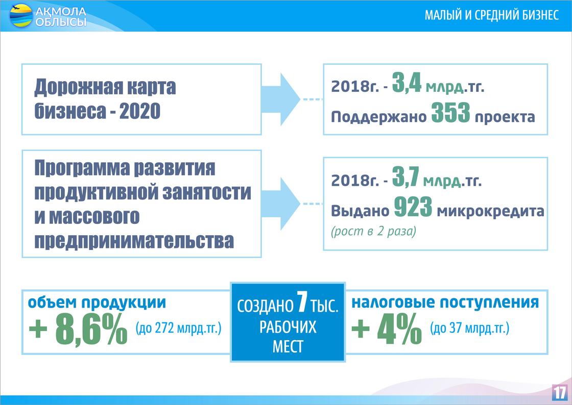 Порядка 7 тысяч рабочих мест создано в сфере предпринимательства в Акмолинской области