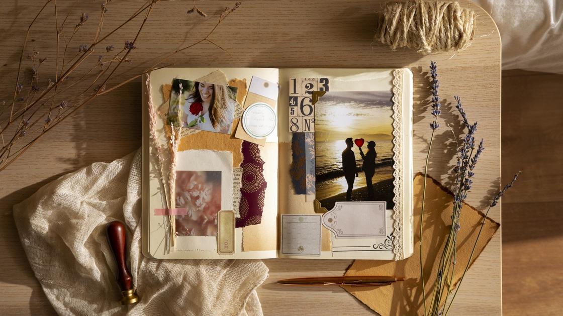 На столе лежит открытая книга любви в стиле скрапбукинг с фотографиями и надписями. Рядом с книгой лежат веточки сухоцветов, печатка, джутовая веревка