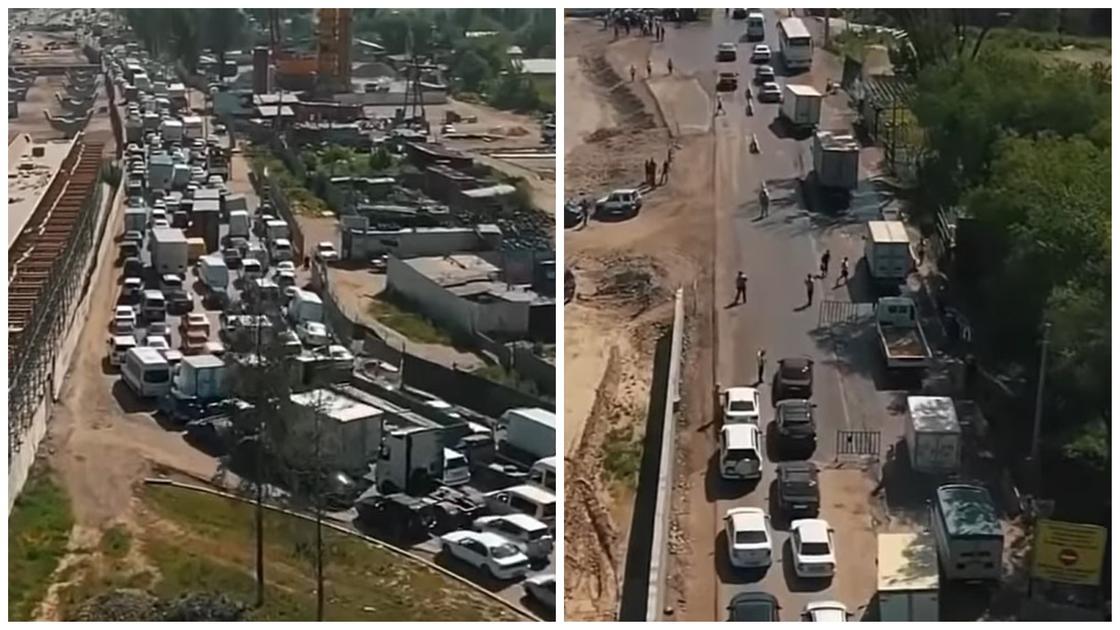 Огромный транспортный затор на блокпосте в Алматы засняли на камеру (видео)