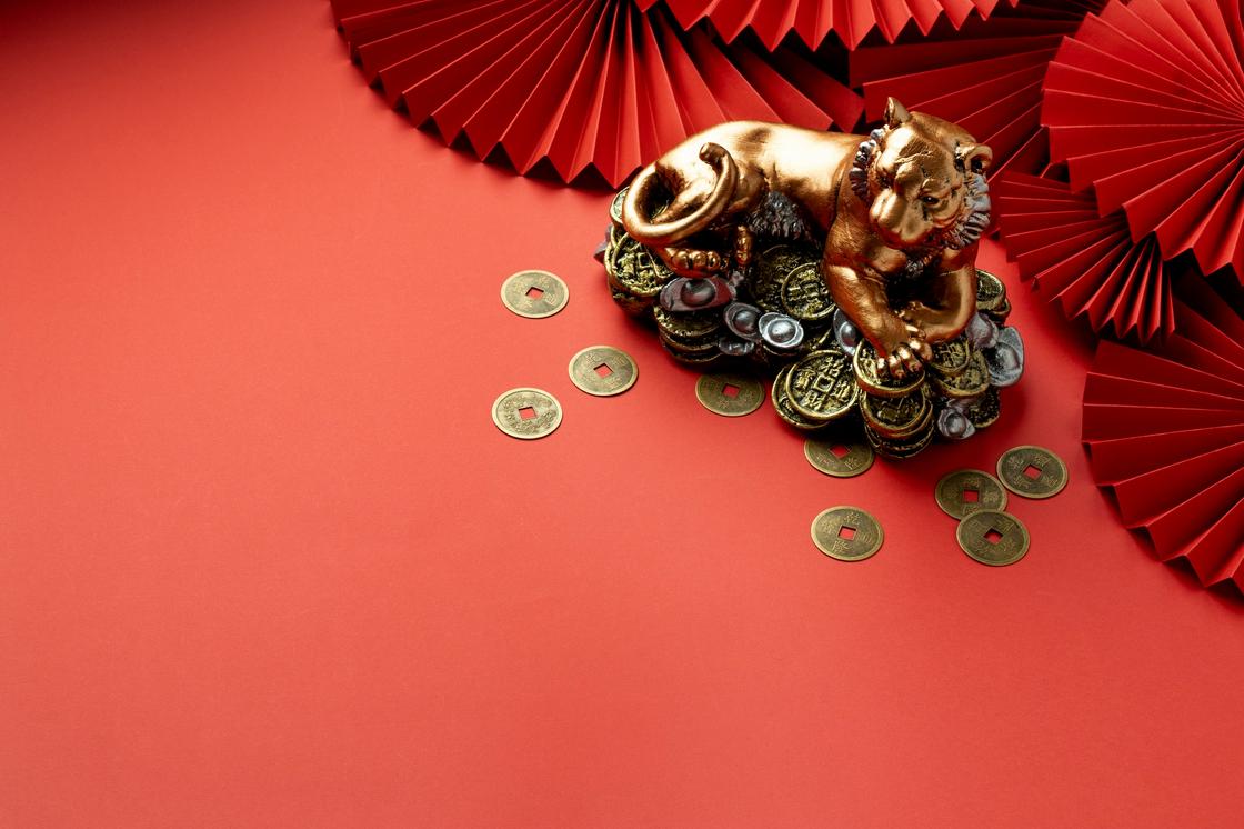 Тигр и  китайские монетки с отверстием