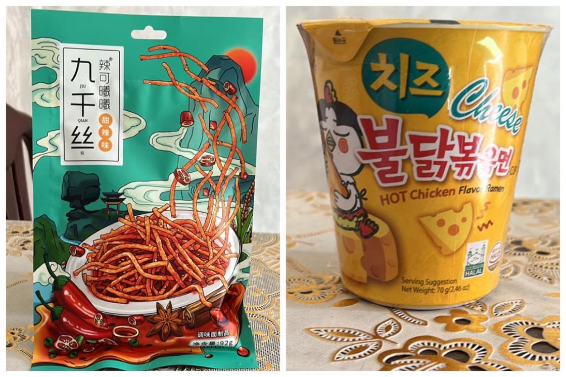 Макароны в соусе "Spicy Gluten" и лапша "Cheese Hot Flava Ramen Korea"