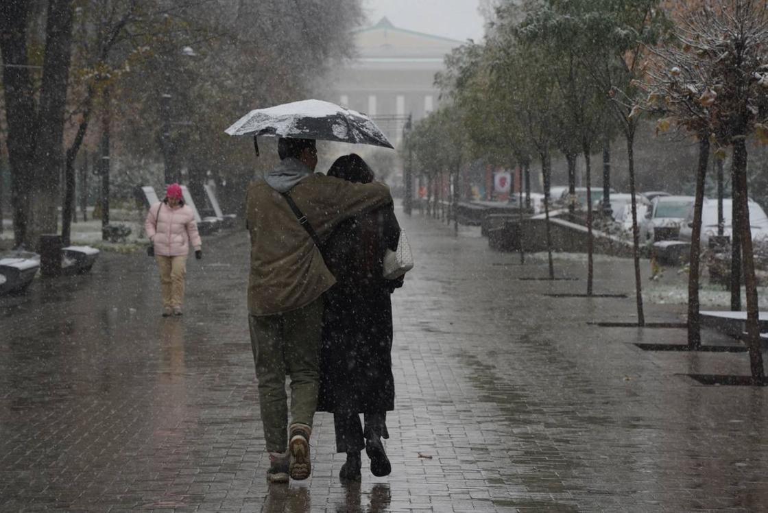Пара под зонтом в снегопад в Алматы
