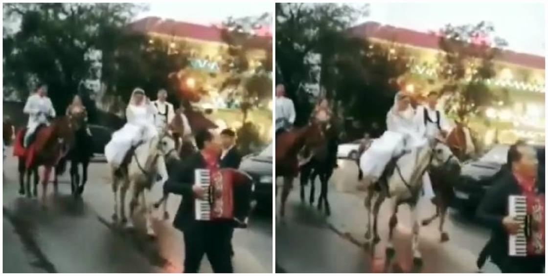 Необычный свадебный кортеж на лошадях сняли на видео в Алматы