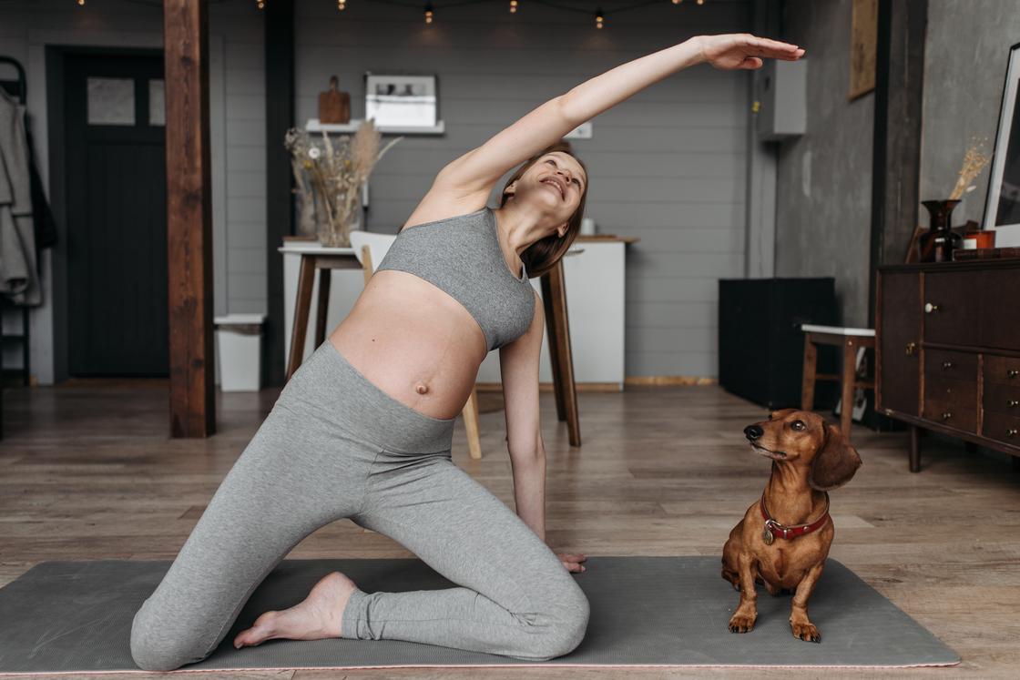 Беременная женщина и собака на фитнес-коврике