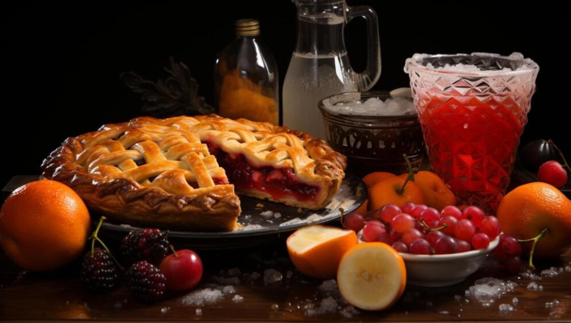 Пирог с ягодами, фрукты и вино на столе