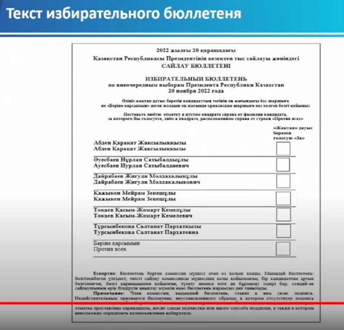 Текст бюллетеня для выборов президента Казахстана