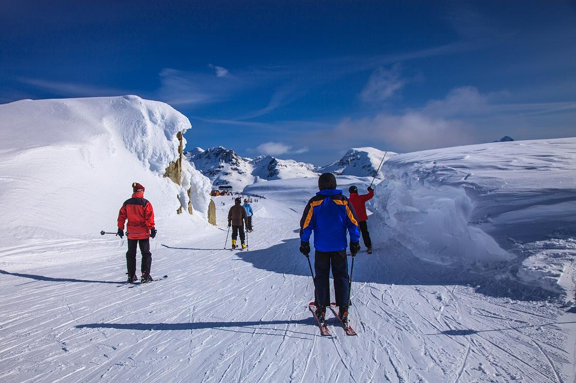 Лыжники на лыжной трассе
