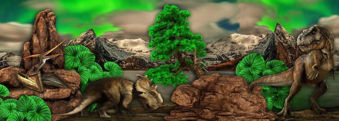 Динозавры среди деревьев и скал