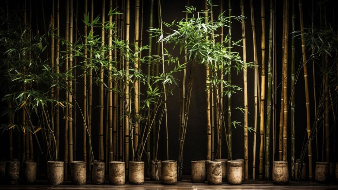 Бамбук комнатный растет в горшках. Горшки выставлены вдоль стены с сухими бамбуковыми палками