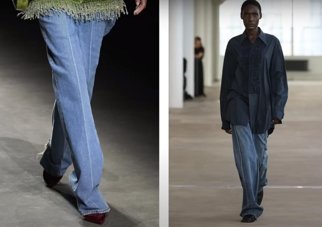 Модели демонстрируют на подиуме модные джинсы со стрелками