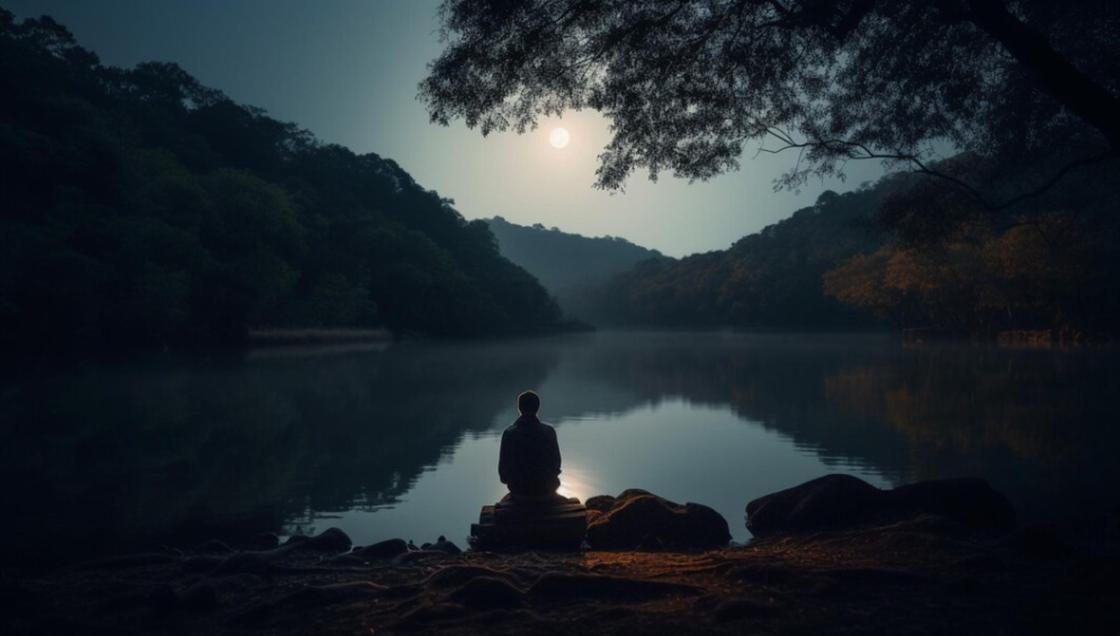 Человек медитирует на фоне озера и Луны