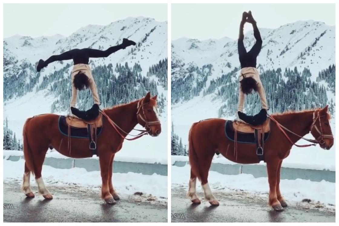 Артистка цирка Дю Солей показала трюк верхом на лошади на Шымбулаке