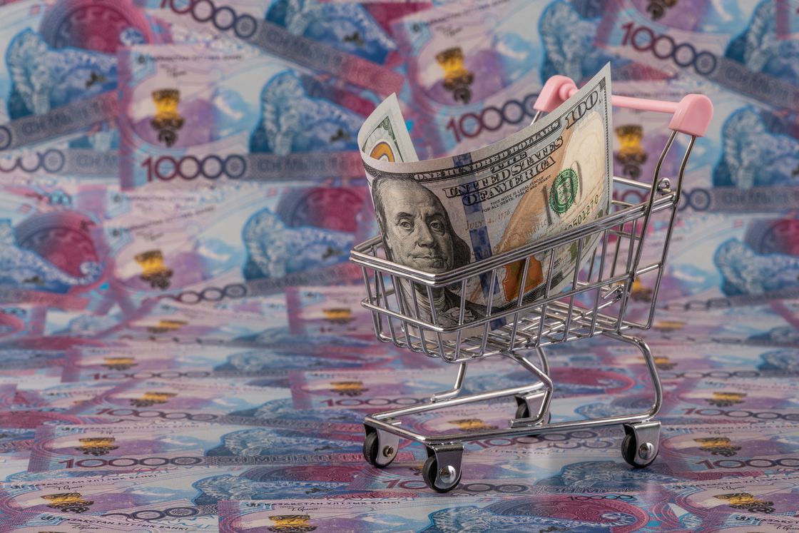 Доллар лежит в миниатюрной тележке для продуктов на фоне купюр тенге