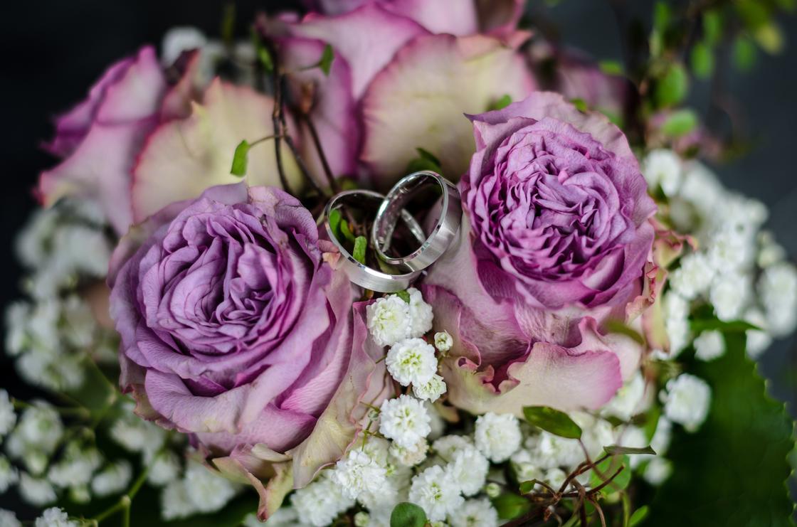 Обручальные кольца на букете роз
