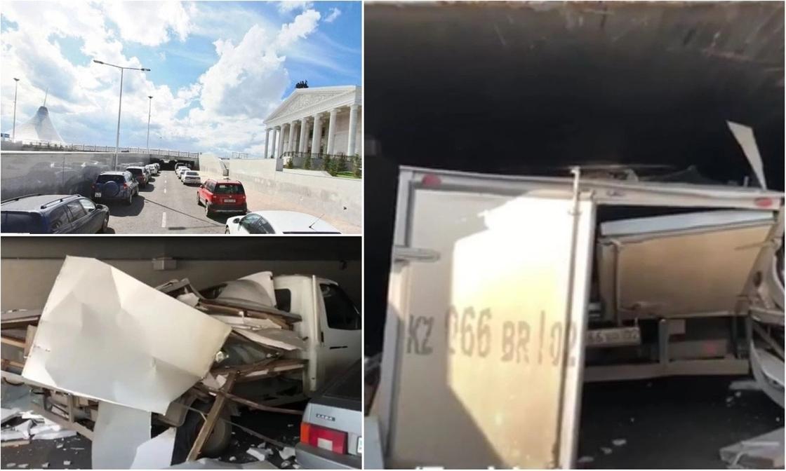 «Фургон разбился в хлам»: Газели снесло крышу низким мостом в Астане (видео)