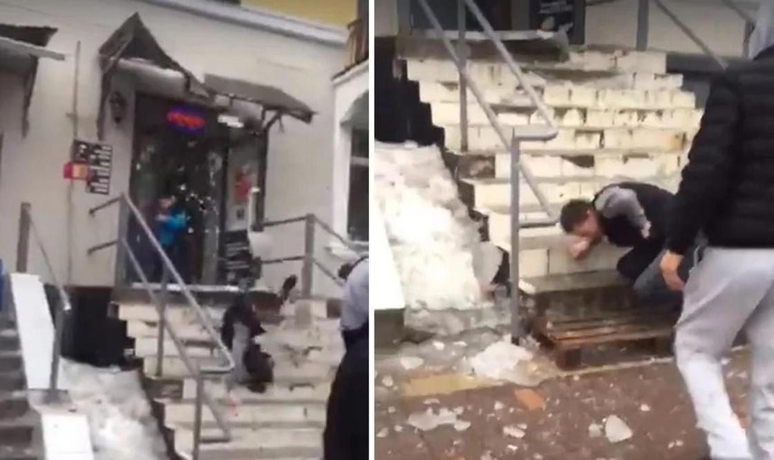 Ледяная глыба с крыши упала на человека в Алматы (видео)