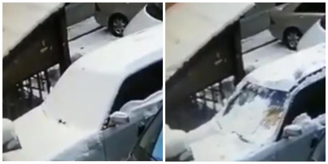 Снег упал с крыши и повредил автомобиль в Усть-Каменогорске (видео)