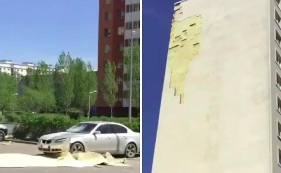 Кусок дома отвалился от многоэтажки и раздавил машину в Астане (видео)