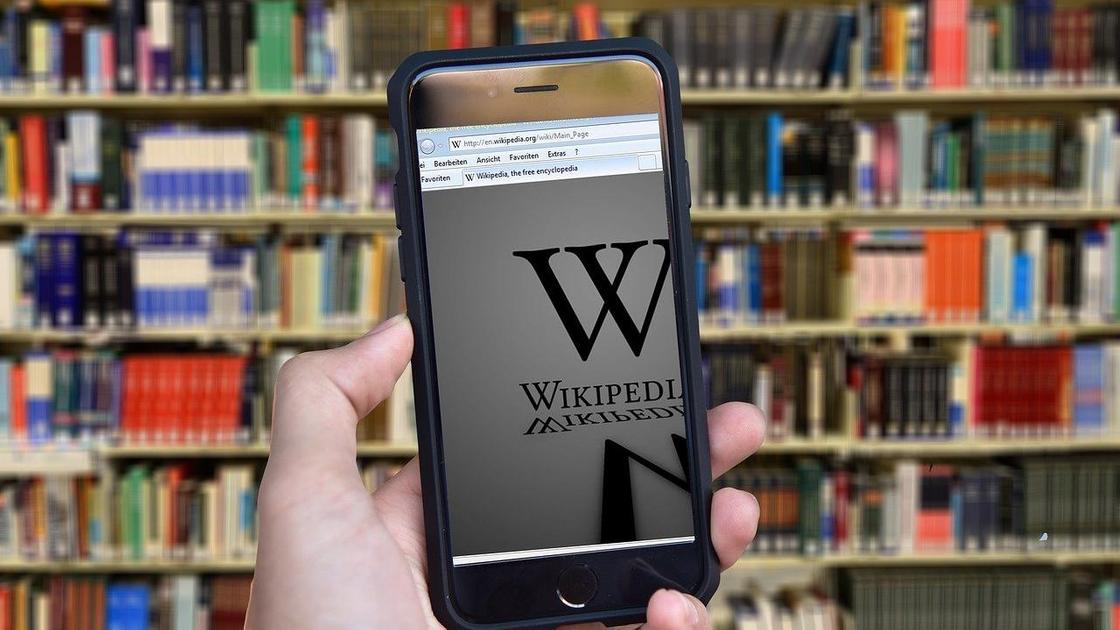 Смартфон в руке с открытой Википедией