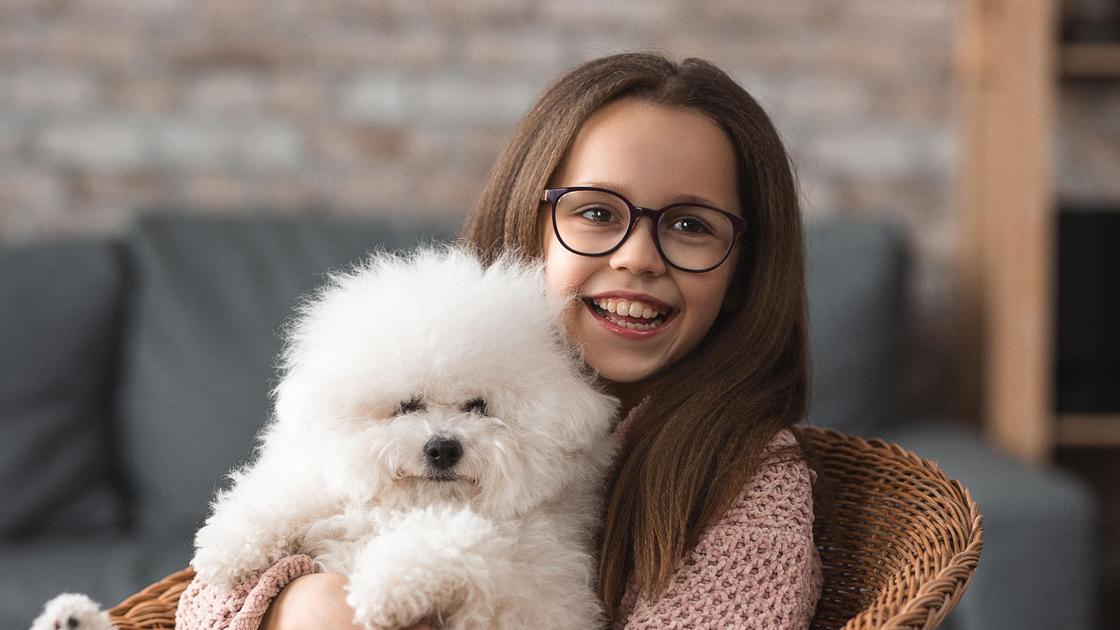 Девочка в очках держит собаку