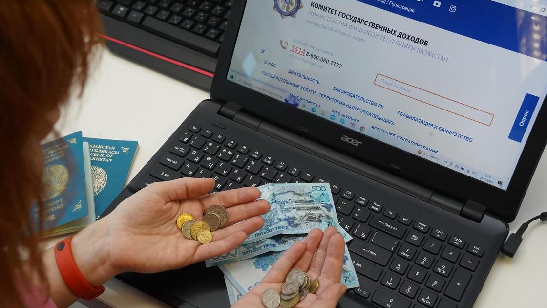 Ноутбуктың алдында ақша есептеп отырған әйел