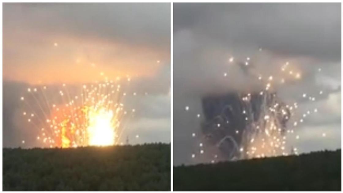 взрыв на военном складе в России, кадры из видео