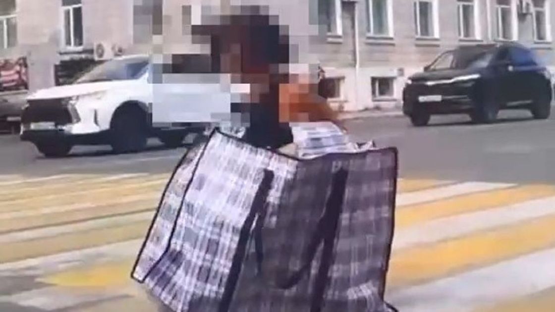 Девушка в сумке на дороге